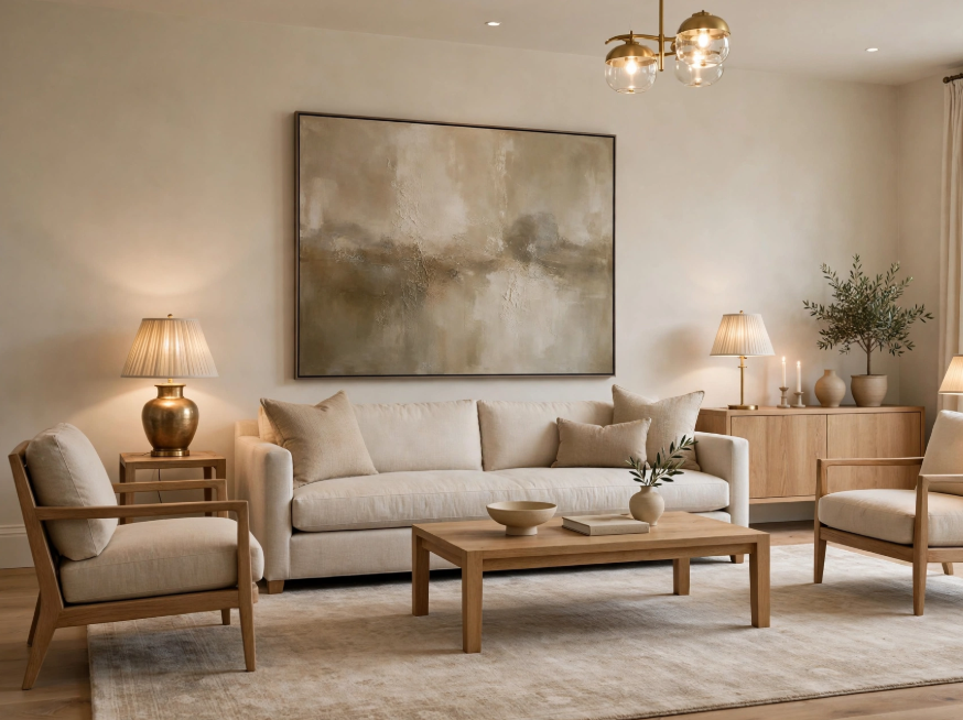 Luxury home decor featuring a neutral large abstract canvas painting above a cream sofa, light oak coffee table, and pleated brass table lamps.