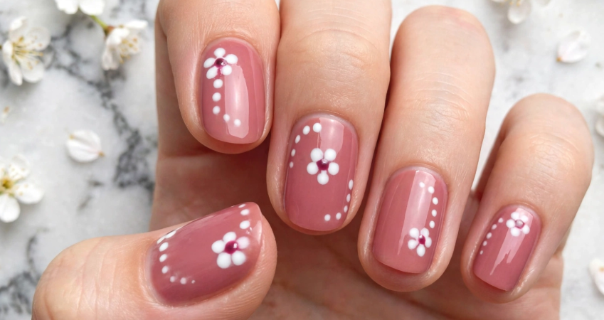 Nail Art for Beginners Who Can’t Draw: Easy Designs You Can Actually Do Nail art for beginners featuring glossy mauve-pink nails decorated with simple dotting tool daisy flowers and trailing white dots.