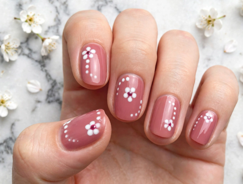 Nail art for beginners featuring glossy mauve-pink nails decorated with simple dotting tool daisy flowers and trailing white dots.