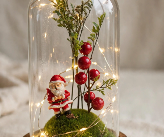 24 Cheap DIY Projects for Home Decor That Look Expensive Mini Christmas cloche dome display with Santa Claus, moss, red berries, and fairy lights, a whimsical and cheap DIY project.