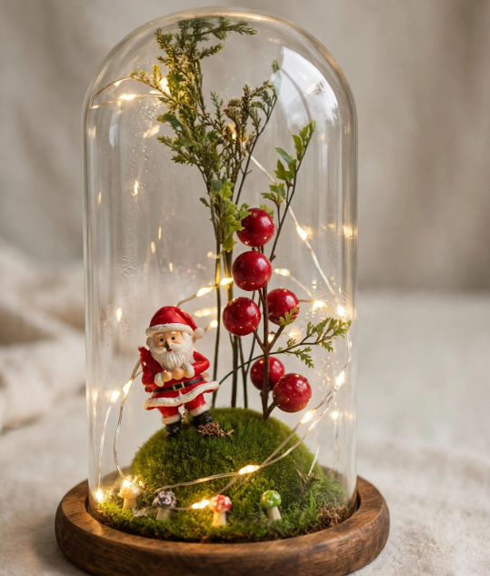 Mini Christmas cloche dome display with Santa Claus, moss, red berries, and fairy lights, a whimsical and cheap DIY project.