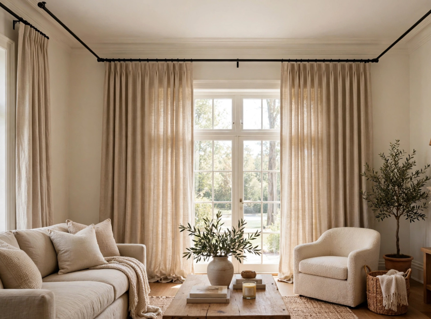 Luxury home decor on a budget featuring floor-to-ceiling pleated beige drapes on a wrap-around black curtain rod, cream sofa, and bouclé barrel chair.