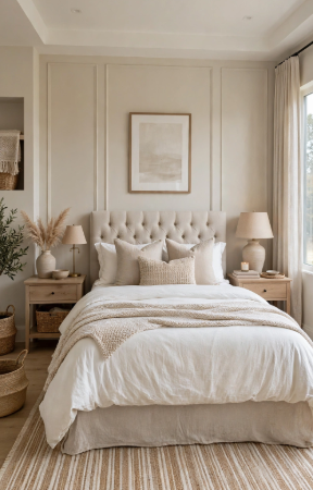 Luxury home decor on a budget featuring an elegant neutral bedroom with a tufted upholstered headboard, board and batten accent wall, striped area rug, and layered white bedding.