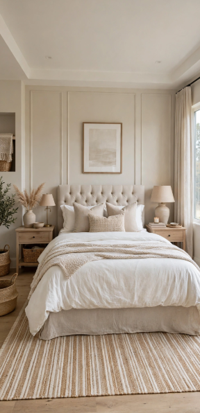Luxury home decor on a budget featuring an elegant neutral bedroom with a tufted upholstered headboard, board and batten accent wall, striped area rug, and layered white bedding.