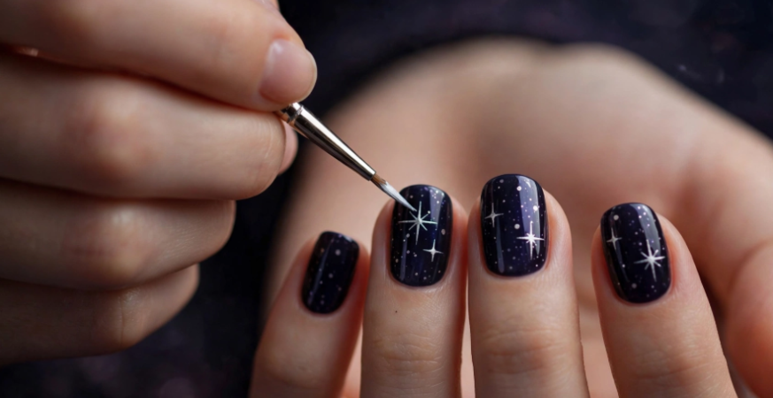 Hand painting white twinkling starbursts and celestial dots on dark navy glossy nails as easy nail art for your non-dominant hand.
