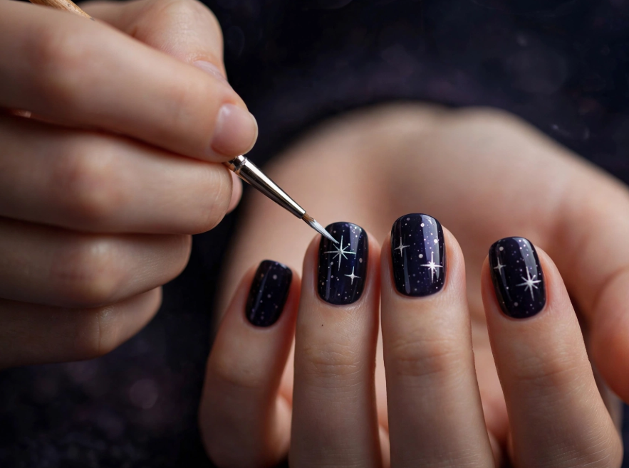 Hand painting white twinkling starbursts and celestial dots on dark navy glossy nails as easy nail art for your non-dominant hand.