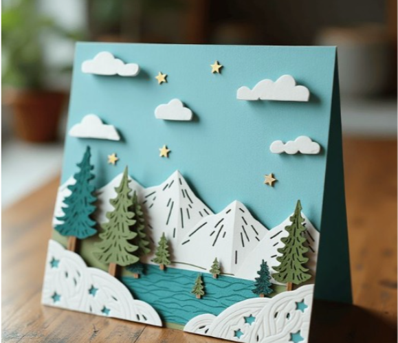 Handmade 3D layered paper mountain landscape greeting card, an inspiring project for craft ideas for adults.
