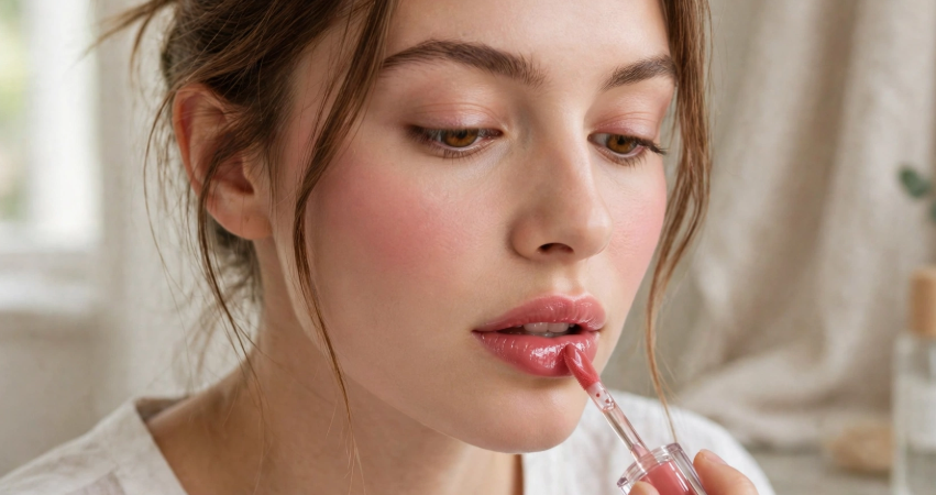 Makeup Routine Without Foundation: Easy Natural Looks Applying glossy pink lip oil with a wand applicator to finish a fresh makeup routine without foundation.
