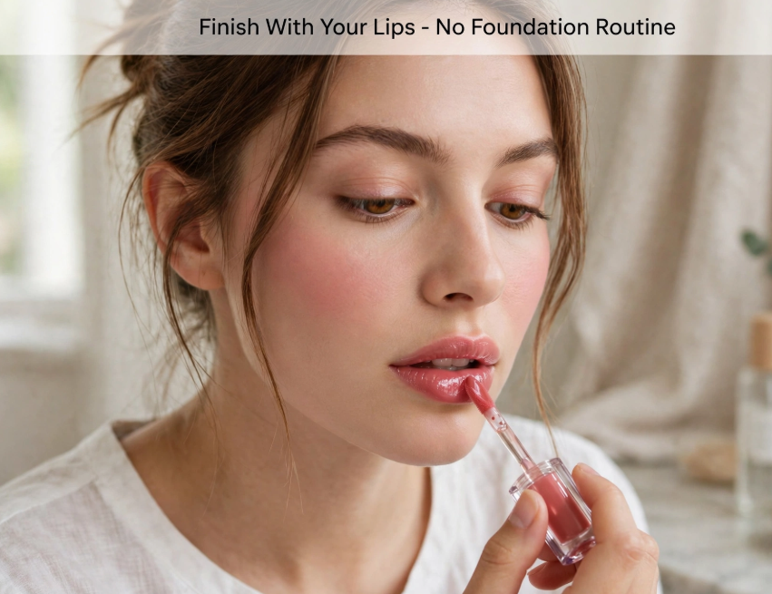 Applying glossy pink lip oil with a wand applicator to finish a fresh makeup routine without foundation.
