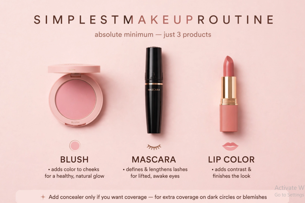Makeup Routine Without Foundation: Easy Natural Looks Minimalist 3-product makeup routine without foundation featuring blush, mascara, and pink lipstick for a quick natural look.