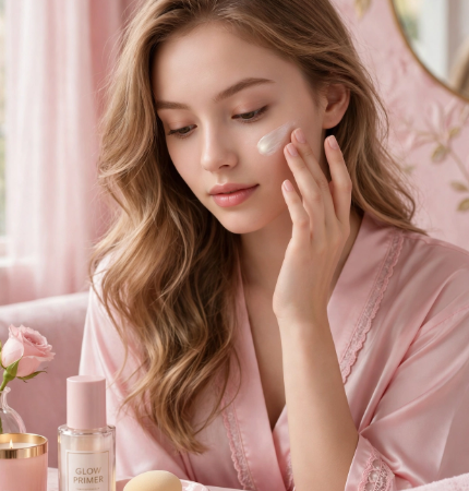 Young woman applying glowing primer to prep skin for makeup that doesn't settle into fine lines.