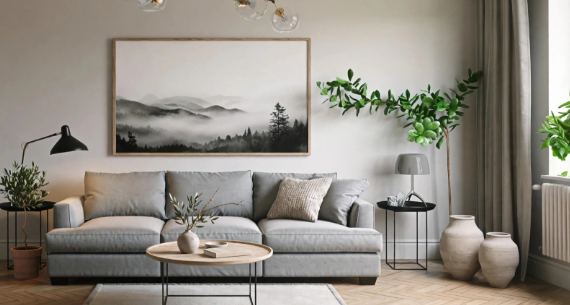 Quiet luxury home decor living room featuring a light grey sofa, round wood coffee table, and large framed misty mountain art.