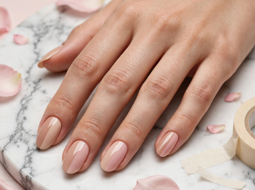 15 Nail Art Designs Using Household Items Subtle two-tone vertical split nail art using household items created with masking tape on glossy neutral oval nails.
