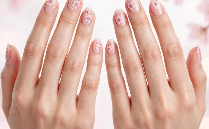 Delicate pink cherry blossom nail art using household items hand-painted on sheer nude manicure nails.