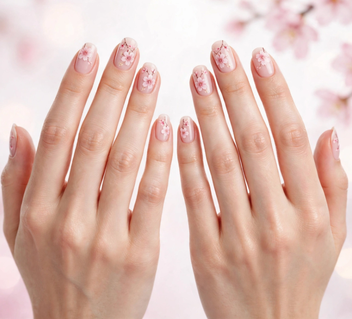 Delicate pink cherry blossom nail art using household items hand-painted on sheer nude manicure nails.