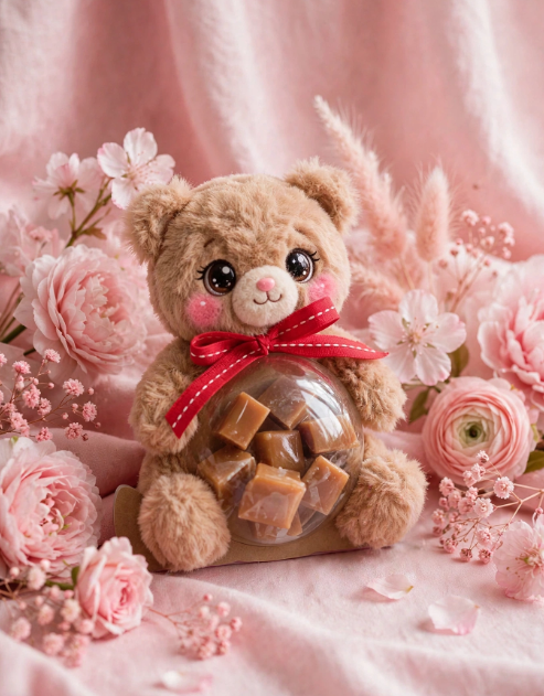 Cute DIY plush teddy bear candy container for handmade gift ideas on a budget.