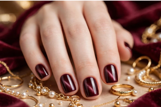 A close-up view of a woman's hand showcasing deep burgundy cat-eye velvet nail art ideas for very short nails, elegantly posed over red velvet fabric and gold pearl jewelry.   