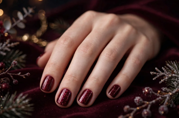 A close-up view of a woman's hand showcasing sparkling deep burgundy glitter polish, highlighting festive nail art ideas for very short nails against a dark velvet background with pine needles and holiday lights.