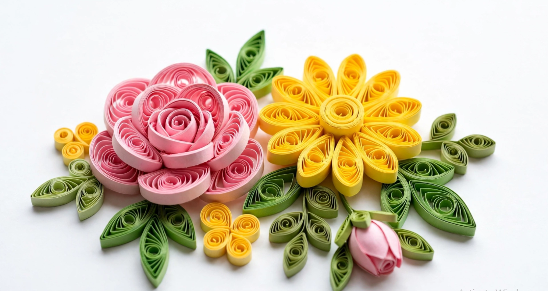 Handcrafted paper quilling flower arrangement featuring a pink rolled rose, yellow daisy, and green leaves, showcasing analog crafts to do instead of scrolling.