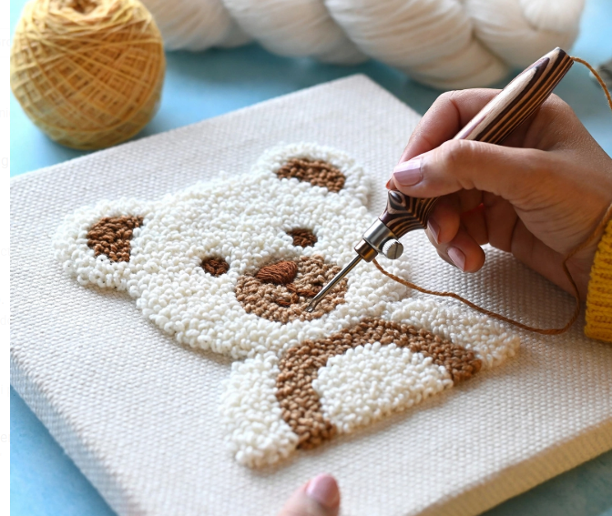Hand using a punch needle tool to stitch a textured teddy bear design with yarn on canvas, presenting analog crafts to do instead of scrolling.   