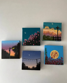 25 Craft Ideas for Teens That Are Actually Cool Set of four framed watercolor mini canvas paintings showing cozy starry night scenes, showcasing craft ideas for teens