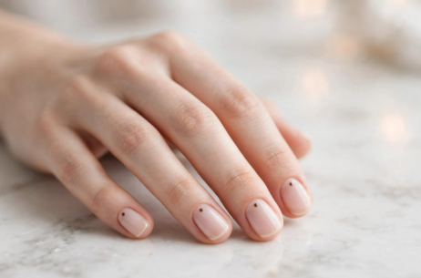 20 Minimalist Nail Designs for Short Nails Minimalist nail designs for short nails featuring clean sheer nude polish with a single delicate black dot accent at the base of each cuticle.