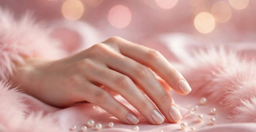 Minimalist nail designs for short nails showcasing iridescent glazed pearl finish polish on neatly manicured short nails resting on a marble surface with loose pearls and pink fur trim.