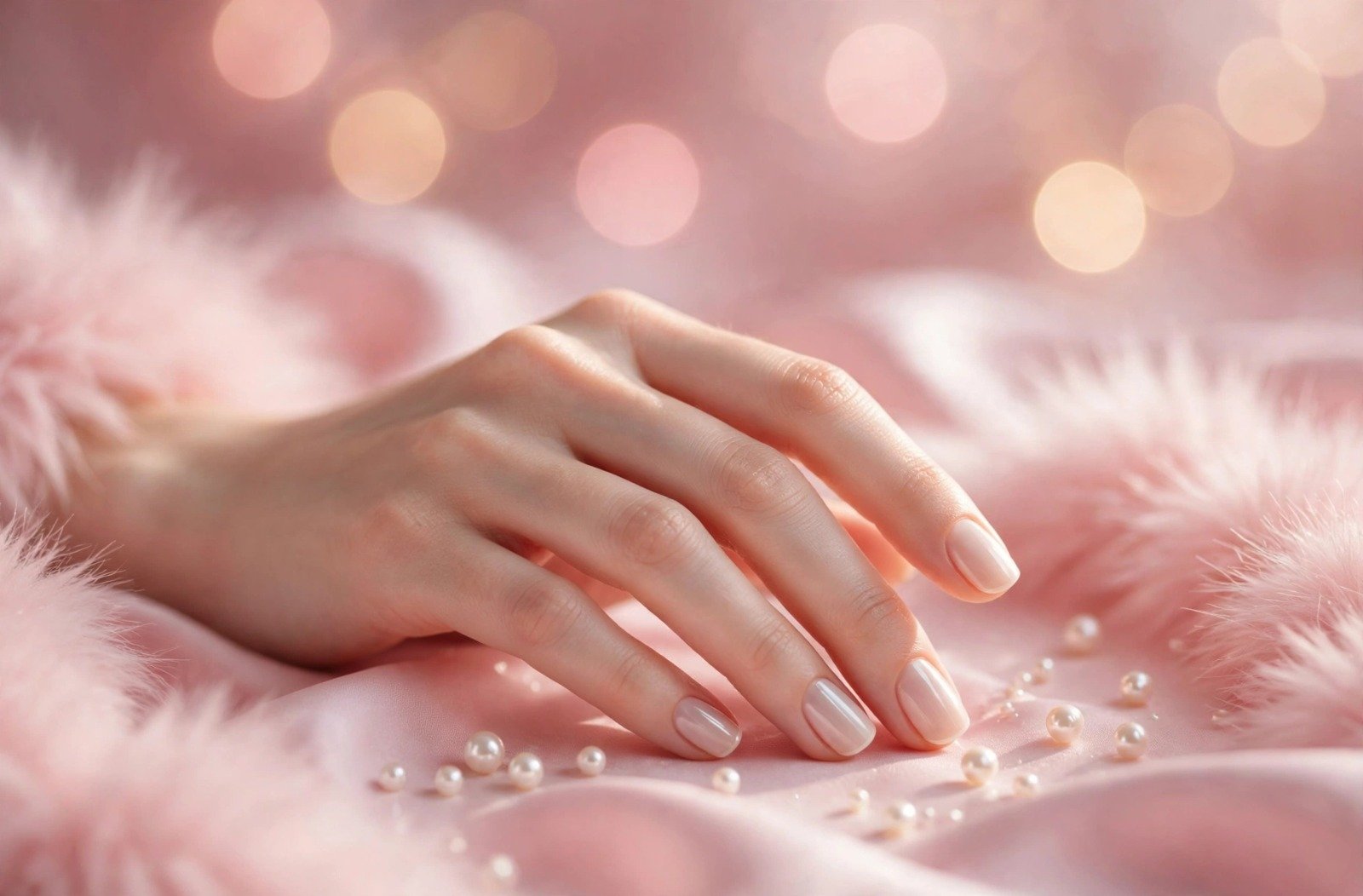 Minimalist nail designs for short nails showcasing iridescent glazed pearl finish polish on neatly manicured short nails resting on a marble surface with loose pearls and pink fur trim.