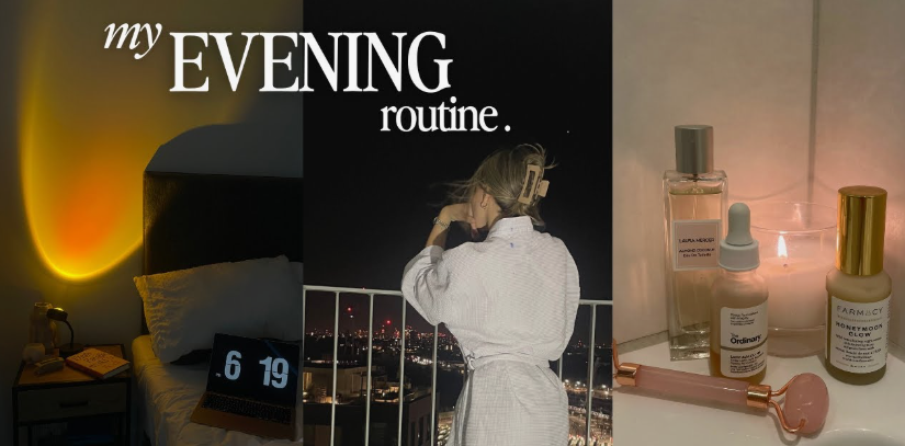 "Collage image for a Sunday beauty reset routine featuring a bedroom with a sunset lamp, a person in a robe looking out at a city skyline at night, and vanity skincare products like The Ordinary serum and a facial roller."