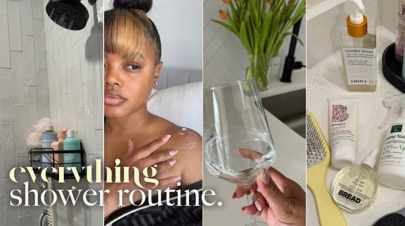 "Collage image for an everything shower and Sunday beauty reset routine featuring a shower head, a woman applying lotion to her shoulder, a glass of water, and various beauty and hair care products on a counter."