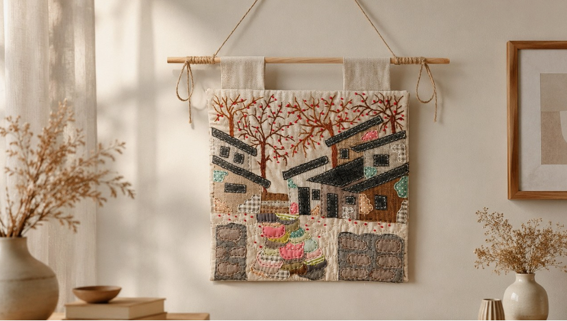 "A textured fabric wall hanging featuring a stitched village landscape scene, displayed as one of 25 easy DIY home decor crafts."