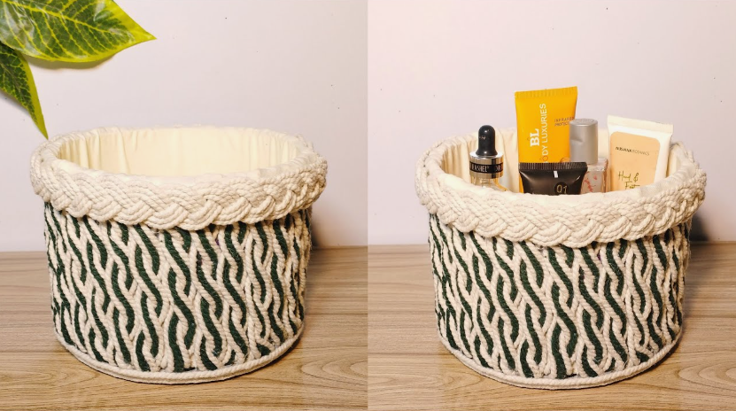 "A handmade braided rope storage basket with green and white patterns, shown empty and filled with skincare products as part of 25 easy DIY home decor crafts for organization."