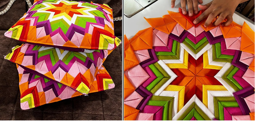 "Vibrant, geometric folded fabric cushions featuring intricate star patterns, shown as part of 25 easy DIY home decor crafts for living room styling."