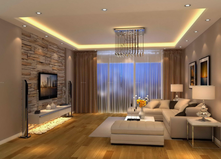 "A modern, warm-toned living room featuring a stacked stone accent wall, recessed ceiling lighting, and cozy seating, showcasing the final result of 25 easy DIY home decor crafts."