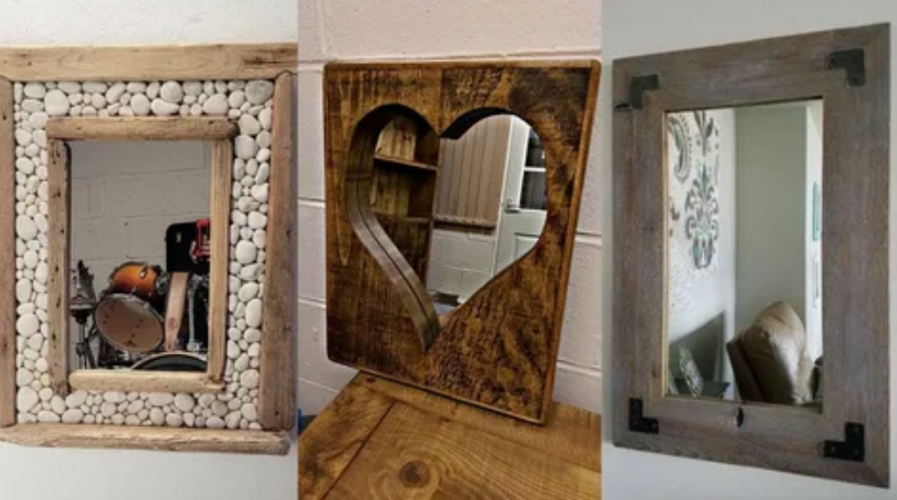 "A collage of rustic handmade wooden mirrors featuring a pebble mosaic frame, a heart-shaped cutout frame, and a weathered wood frame, showcased as part of 25 easy DIY home decor crafts."