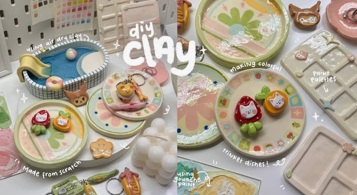 "An artistic display of colorful handmade air dry clay crafts including miniature paint palettes, trinket dishes, and keychains, featured as part of 25 easy DIY home decor crafts."