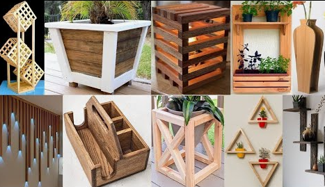 "A collage of rustic handmade wooden craft ideas including plant stands, organizers, and geometric wall shelves, showcased as part of 25 easy DIY home decor crafts."