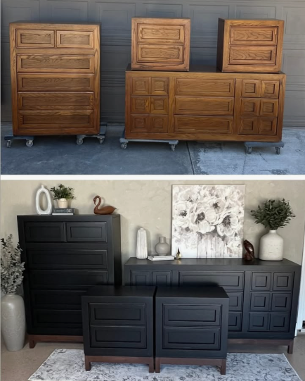 "Before-and-after images of a bedroom furniture makeover, showing wooden dressers and nightstands refinished in matte black, featured as part of 25 easy DIY home decor crafts for furniture upcycling."