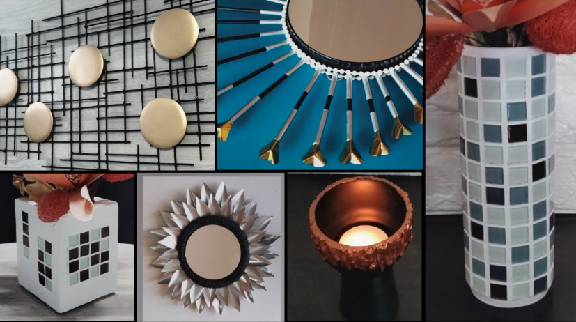 "A collage of creative handmade home decor items including metal wall art, a mosaic tile vase, and decorative mirrors, showcased as part of 25 easy DIY home decor crafts."