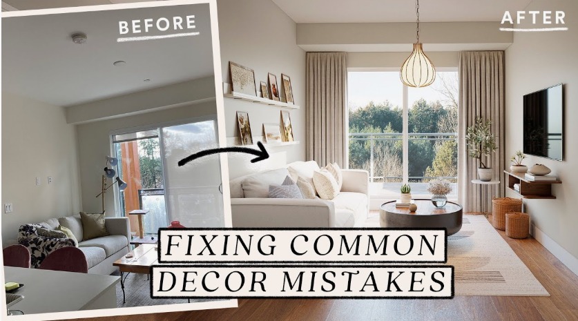 "A before-and-after room transformation showing a living room upgrade to fix common decor mistakes, showcased as part of 25 easy DIY home decor crafts for interior styling."