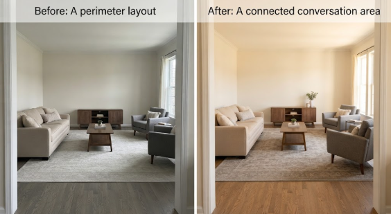 "A before-and-after living room comparison demonstrating furniture layout mistakes, showing a perimeter layout on the left versus a connected conversation area on the right."
