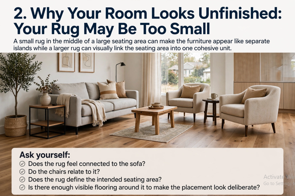 "An infographic titled '2. Why Your Room Looks Unfinished: Your Rug May Be Too Small,' illustrating how an undersized rug makes furniture look disconnected, showcased as part of 25 easy DIY home decor crafts for interior styling tips."