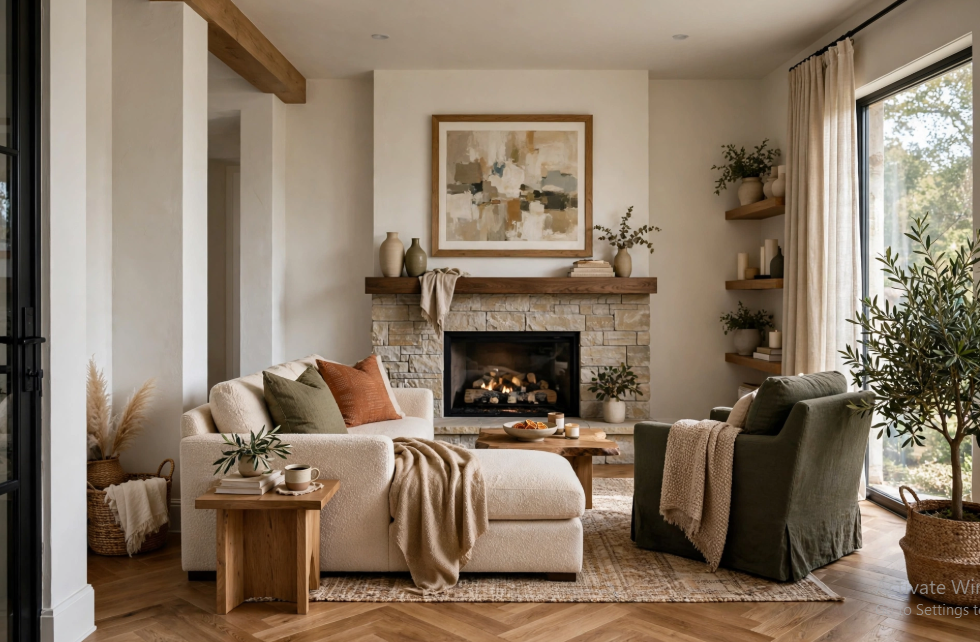 "A warm, neutral-toned living room featuring a stone fireplace, layered textures, and a cozy furniture layout, showcased as part of 25 easy DIY home decor crafts for interior design inspiration."