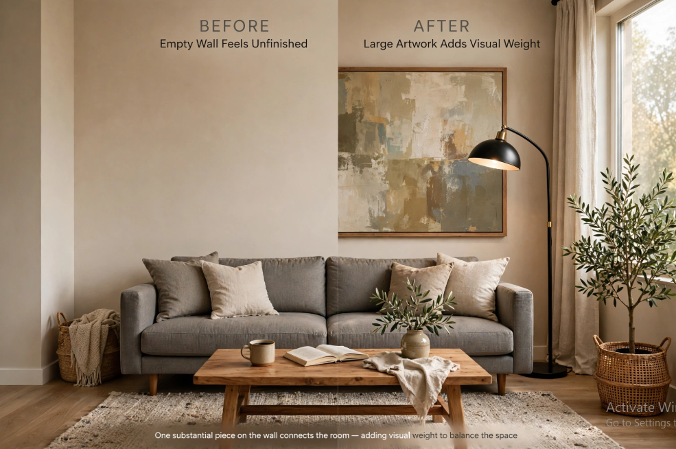 "A before-and-after room transformation comparison showing an empty wall on the left versus a large framed abstract artwork adding visual weight and balance on the right, featured as part of 25 easy DIY home decor crafts for interior styling tips."