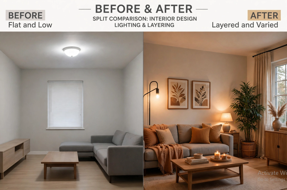 "A before-and-after room transformation comparison showcasing lighting and layering improvements, featuring flat and low lighting on the left versus layered and varied warm lighting on the right, featured as part of 25 easy DIY home decor crafts for interior styling tips."