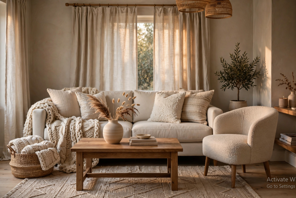 "A cozy, neutral living room with layered textures, natural wood furniture, warm lighting, and linen curtains, showcased as part of 25 easy DIY home decor crafts for interior design styling tips."