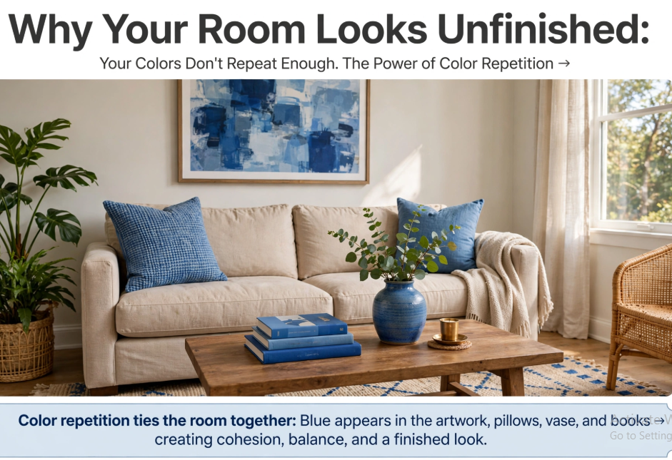 "An infographic titled 'Why Your Room Looks Unfinished: Your Colors Don't Repeat Enough,' highlighting how blue accents in artwork, pillows, a vase, and books tie the room together, showcased as part of 25 easy DIY home decor crafts for interior design styling tips."