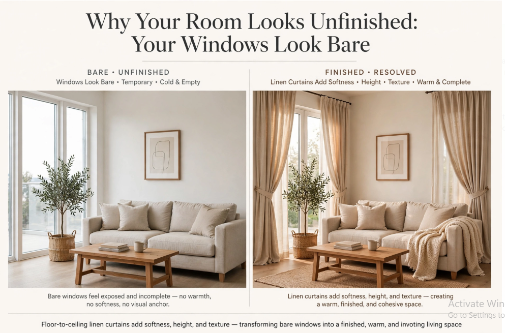 "An infographic titled 'Why Your Room Looks Unfinished: Your Windows Look Bare,' comparing a bare window setup on the left to floor-to-ceiling linen curtains adding softness and warmth on the right, showcased as part of 25 easy DIY home decor crafts for interior styling tips."