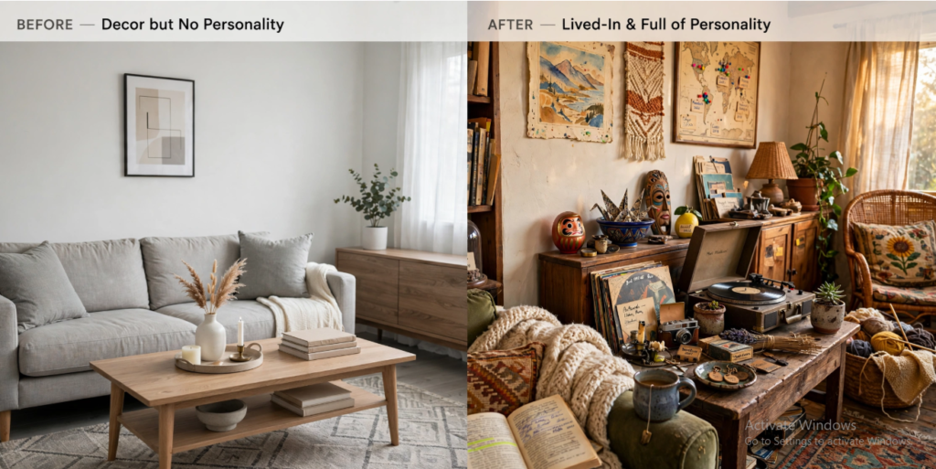 "A before-and-after room transformation comparison showing a space with decor but no personality on the left versus a lived-in, highly personalized room full of books, records, art, and personal collections on the right, featured as part of 25 easy DIY home decor crafts for interior styling tips."