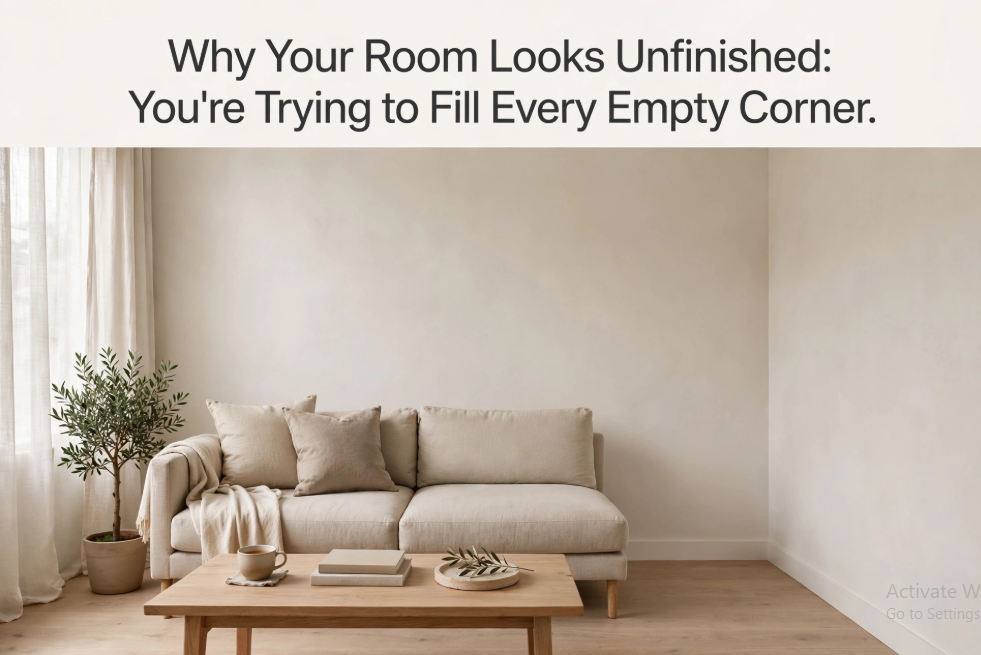 "An infographic titled 'Why Your Room Looks Unfinished: You're Trying to Fill Every Empty Corner,' showcasing a clean, intentionally balanced living space with breathing room, featured as part of 25 easy DIY home decor crafts for interior design styling tips."